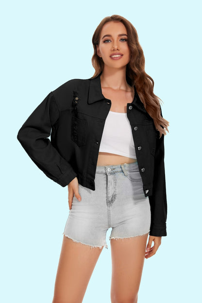 Distressed Distressed Button Up Denim Jacket - Denim Jackets - FITGGINS