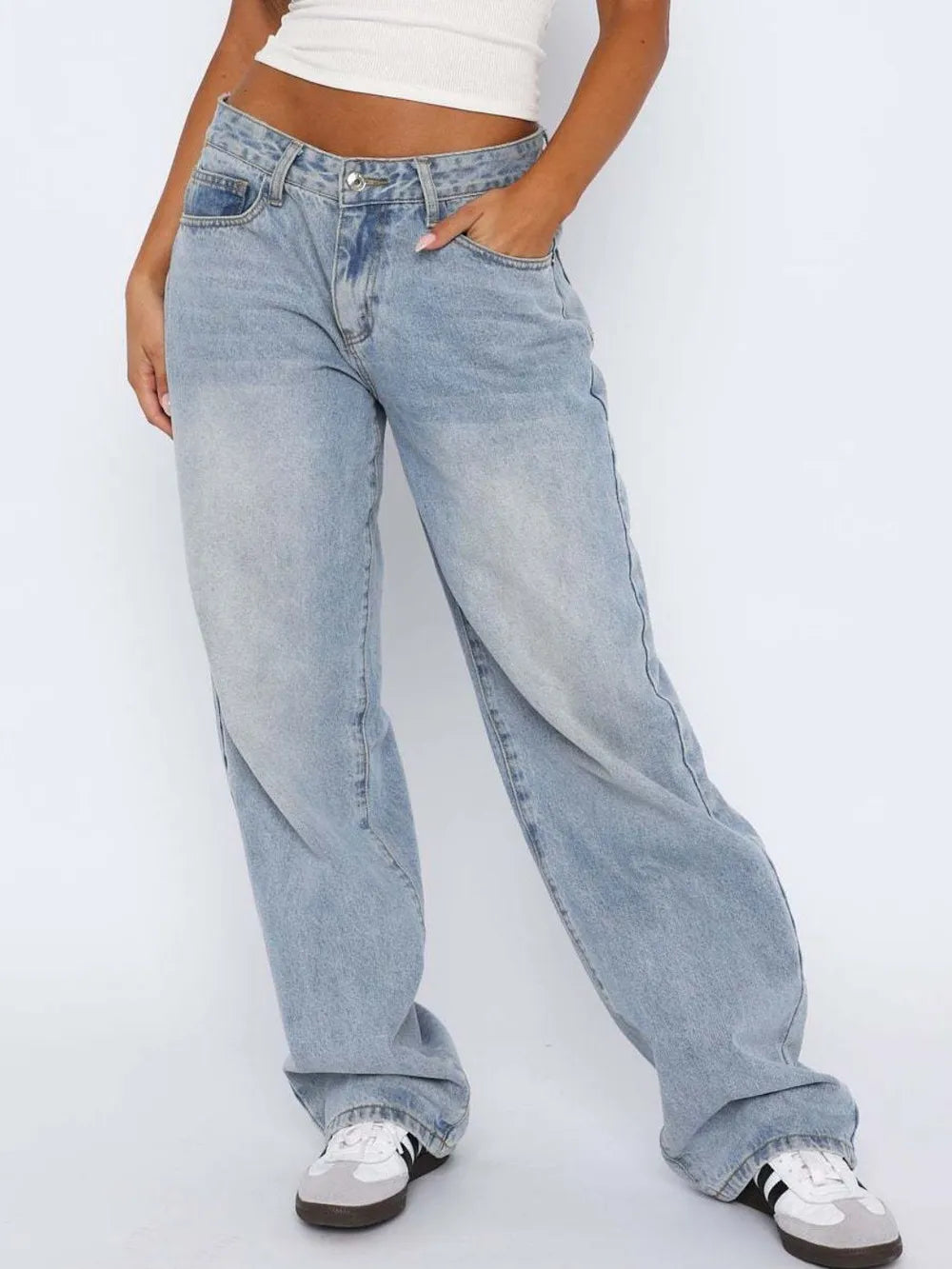 Wide Leg Jeans with Pockets Light Blue Fitggins