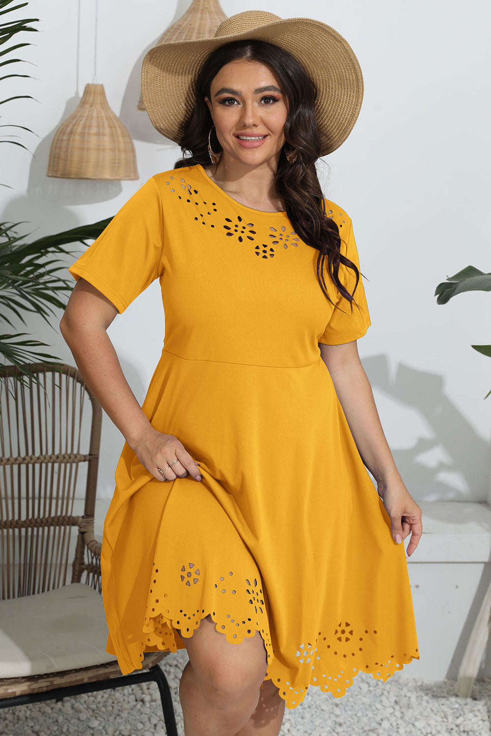 Plus Size Round Neck Openwork Dress - Casual & Maxi Dresses - FITGGINS