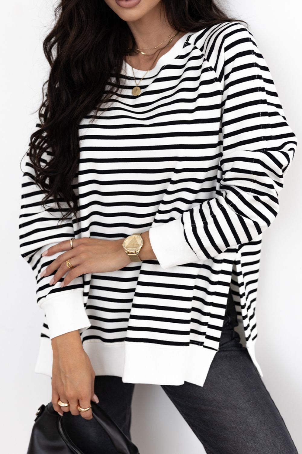 Side Slit Stripe Raglan Sleeve Sweatshirt - Sweatshirts & Hoodies - FITGGINS