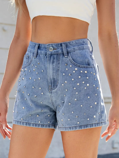 Rhinestone Washed High Waist Denim Shorts Fitggins