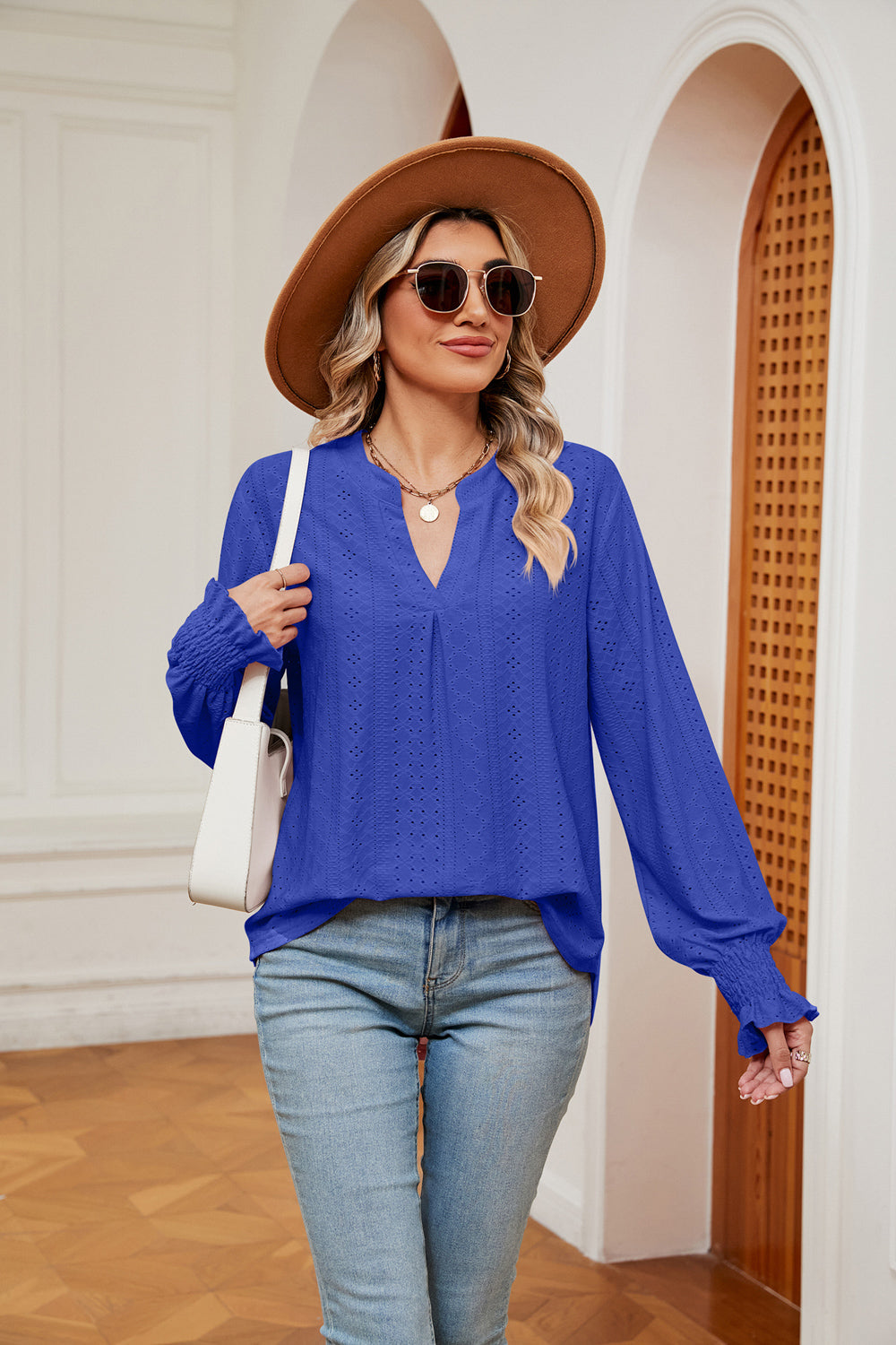 Notched Neck Flounce Sleeve Blouse Royal Blue Fitggins