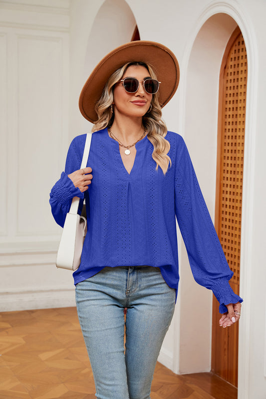 Notched Neck Flounce Sleeve Blouse Royal Blue Fitggins