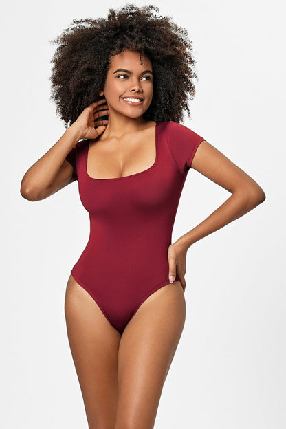 Full Size Square Neck Short Sleeve Bodysuit - Bodysuits - FITGGINS