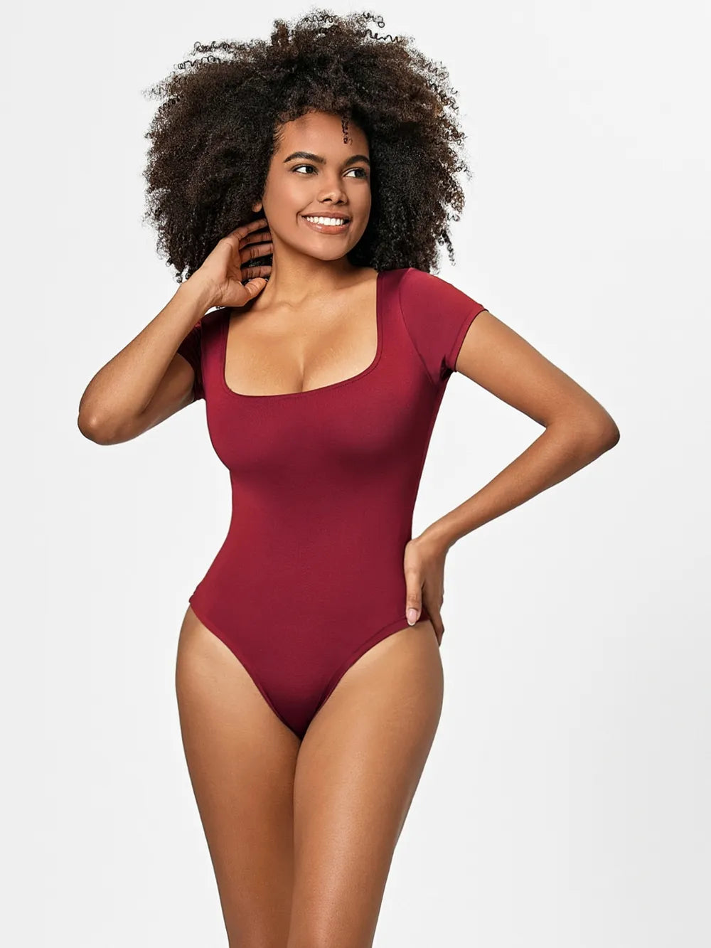 Full Size Square Neck Short Sleeve Bodysuit Deep Red Fitggins