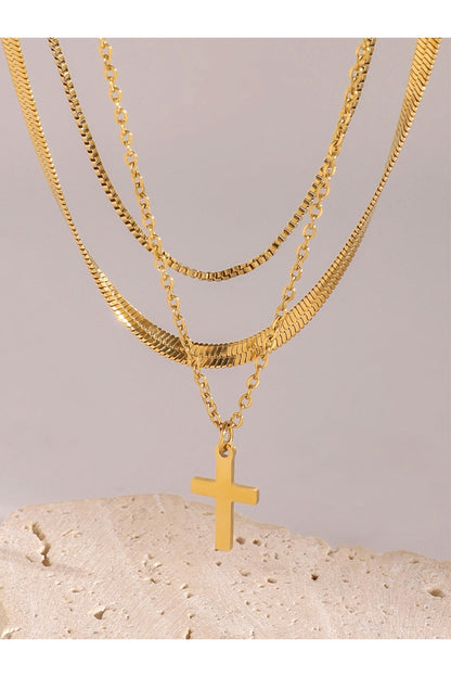 18K Gold-Plated Three-Layered Cross Necklace - Necklaces - FITGGINS