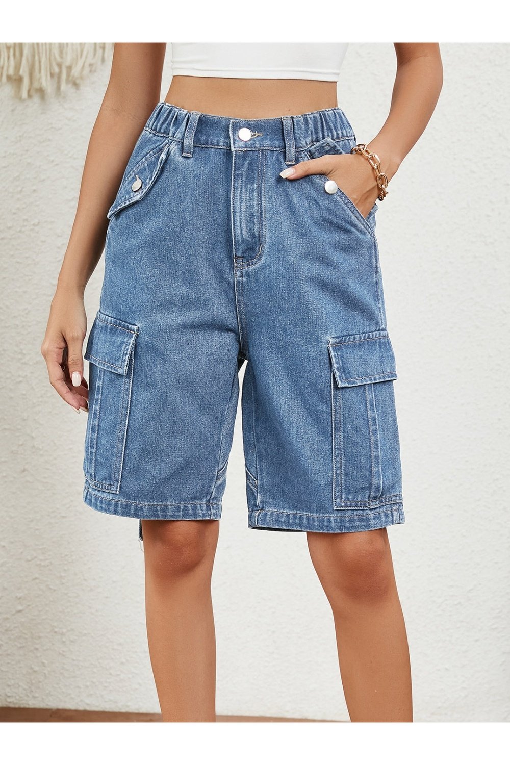 High Waist Denim Shorts with Pockets - Denim Shorts - FITGGINS