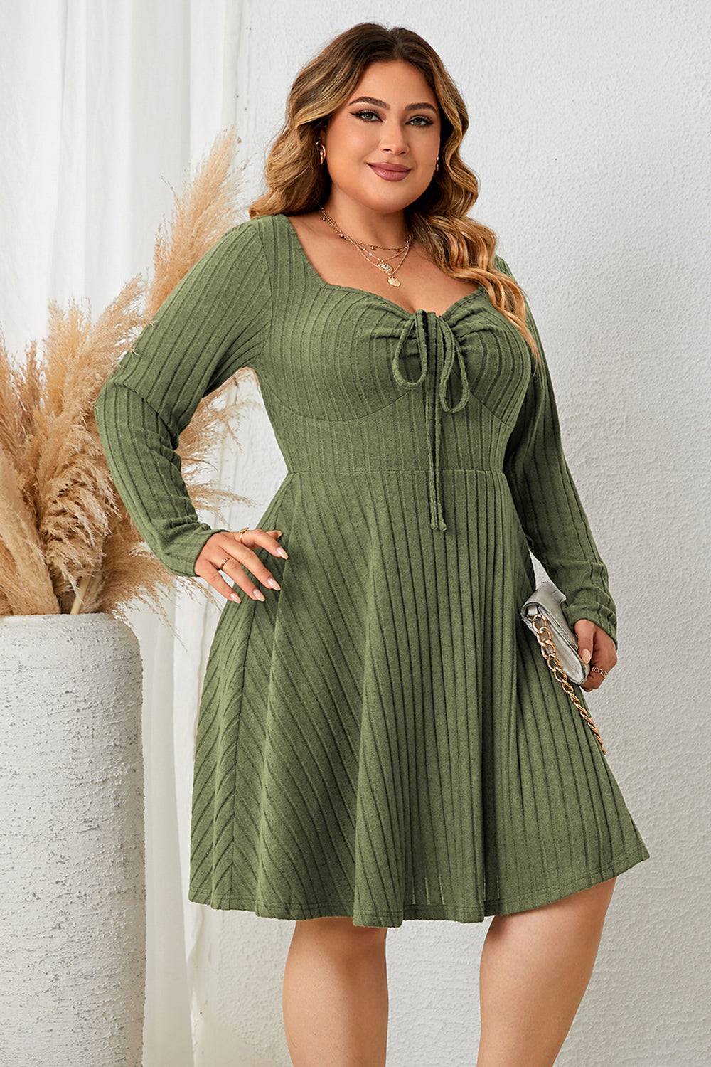 Honey Plus Size Sweetheart Neck Long Sleeve Ribbed Dress - Casual & Maxi Dresses - FITGGINS