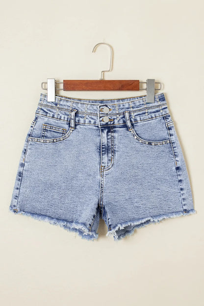 Rhinestone Light Wash Raw Hem High Waist Denim Shorts Fitggins