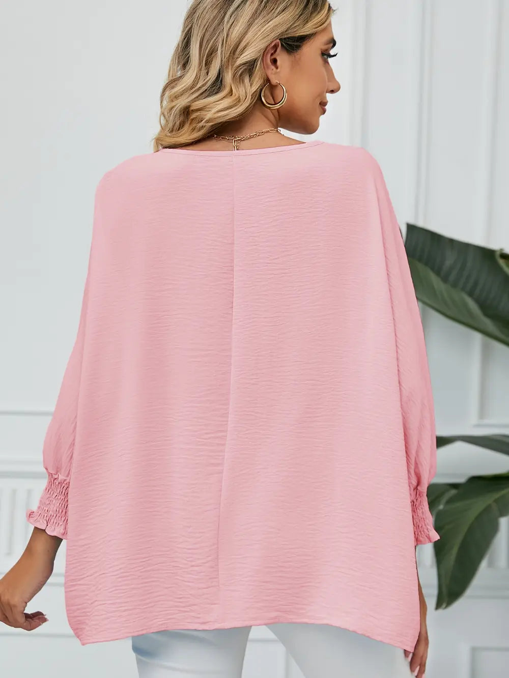 Smocked Lantern Sleeve Round Neck Blouse Fitggins