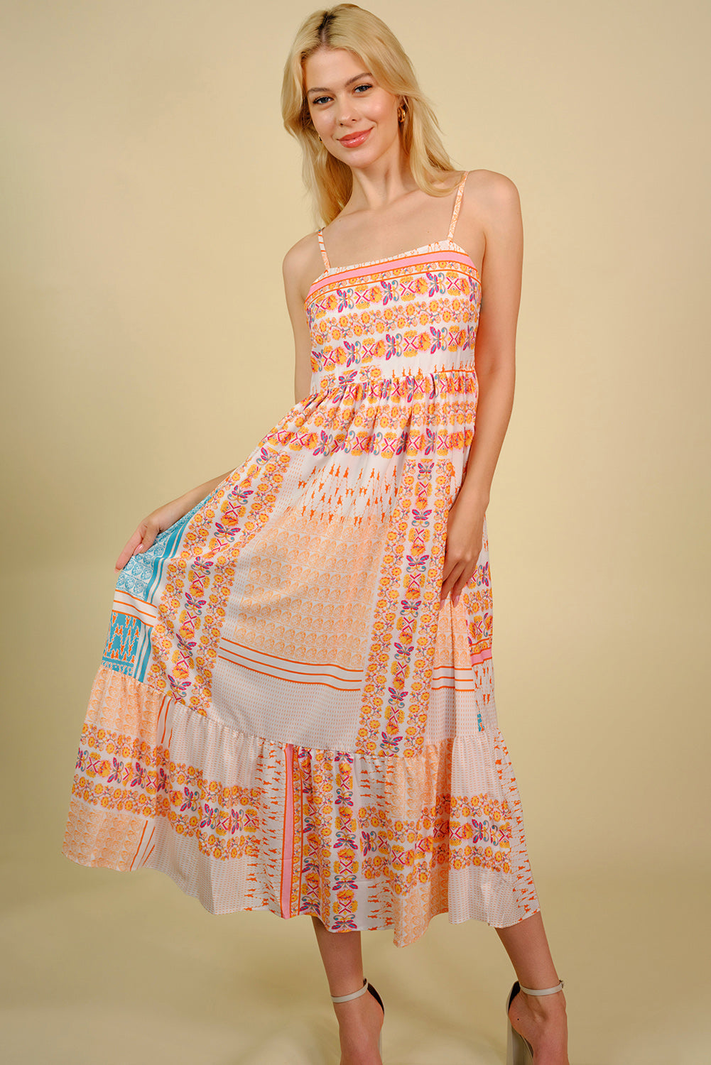 Printed Spaghetti Strap Smocked Midi Dress Fitggins