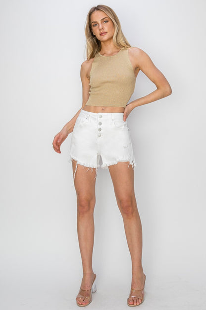 RISEN Button Fly Frayed Hem Denim Shorts - Denim Shorts - FITGGINS