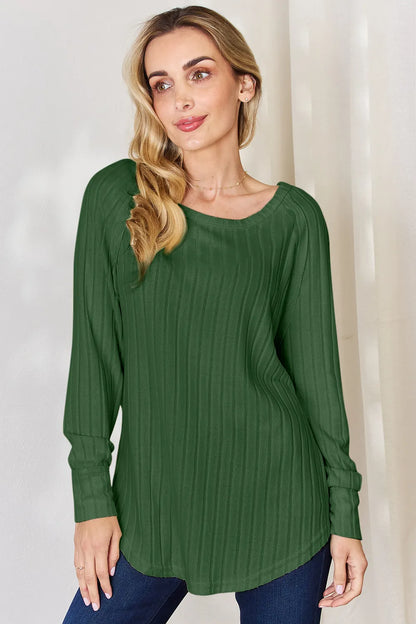 Basic Bae Full Size Ribbed Round Neck Slit T-Shirt Green Fitggins