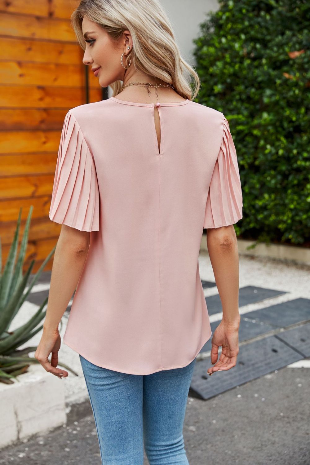 Pleated Flutter Sleeve Round Neck Blouse Fitggins