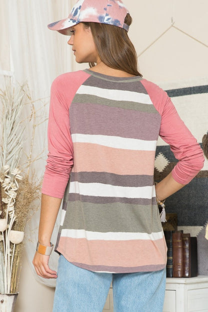 Celeste Full Size Striped Contrast Long Sleeve T-Shirt - T-Shirts - FITGGINS