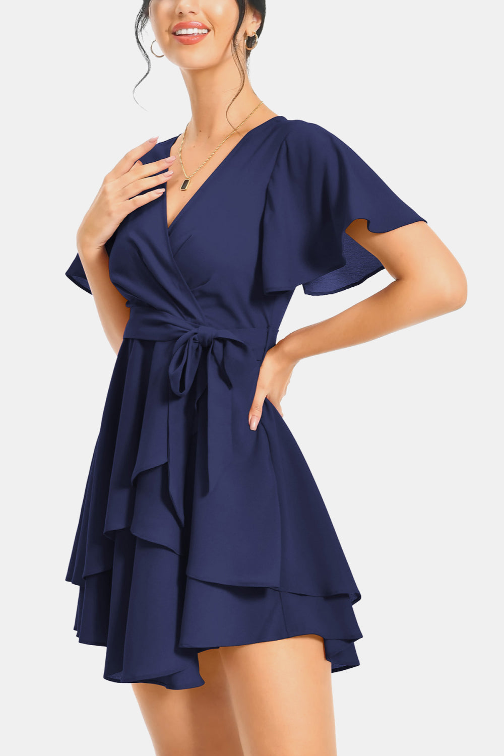 Surplice Neck Flutter Sleeve Dress - Casual & Maxi Dresses - FITGGINS