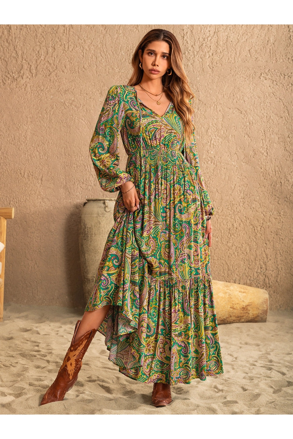 Printed Tie Neck Long Sleeve Dress - Casual & Maxi Dresses - FITGGINS