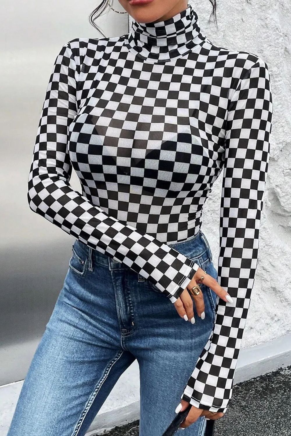 Checkered Turtleneck Long Sleeve Bodysuit - Bodysuit - FITGGINS