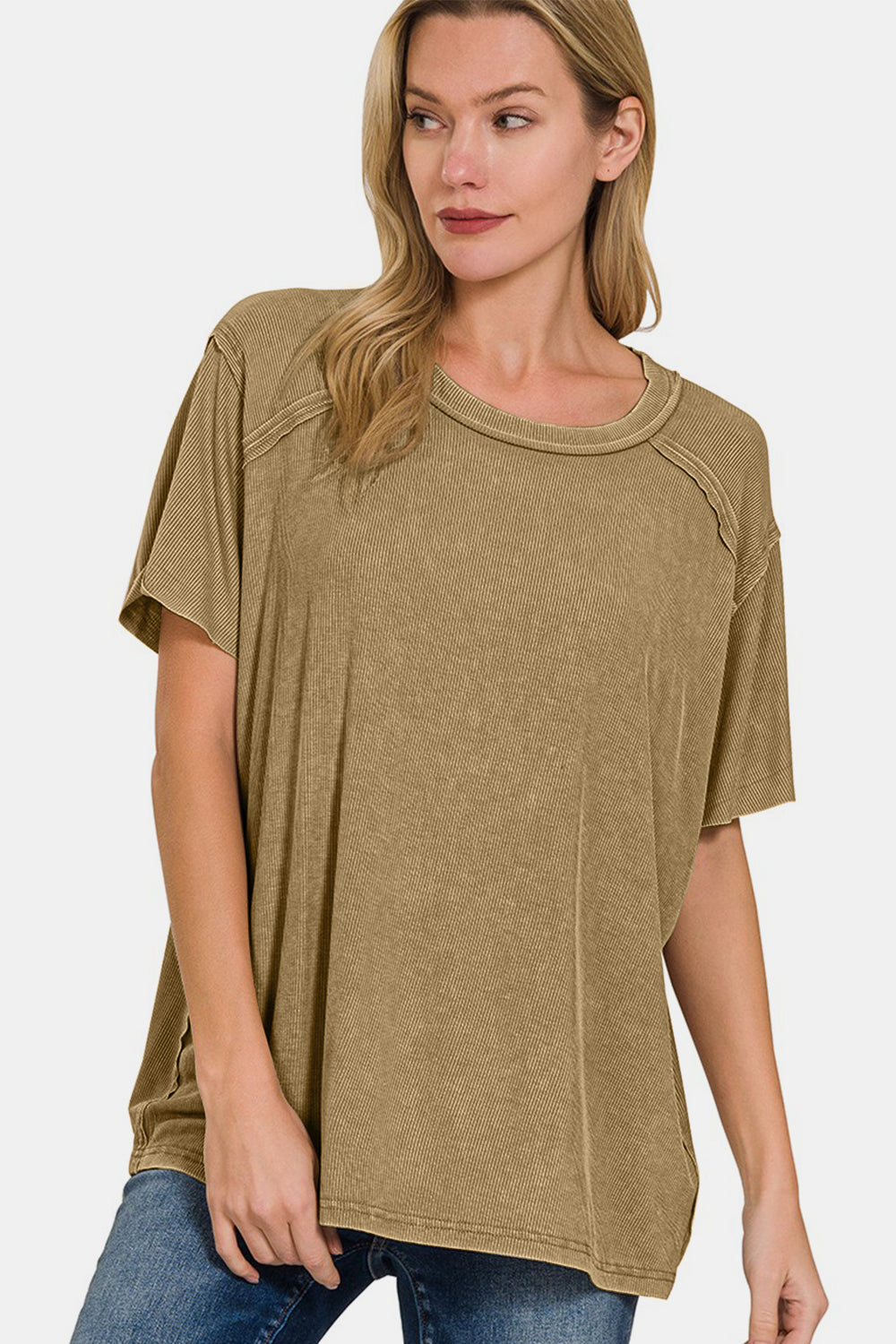 Zenana Washed Ribbed Short Sleeve Top - Shirts - FITGGINS