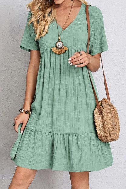 Full Size Ruched V-Neck Short Sleeve Dress - Casual & Maxi Dresses - FITGGINS