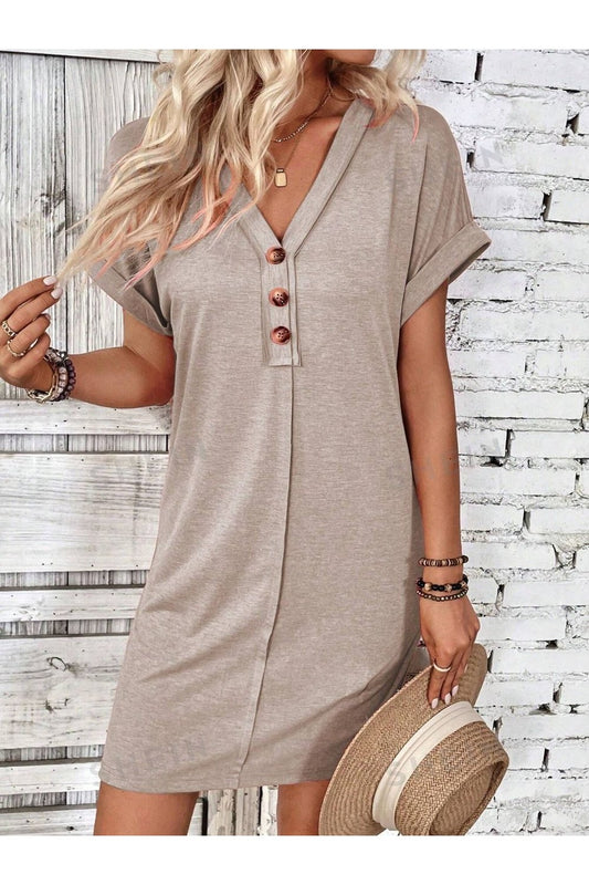 Quarter Button V-Neck Short Sleeve Dress - Casual & Maxi Dresses - FITGGINS