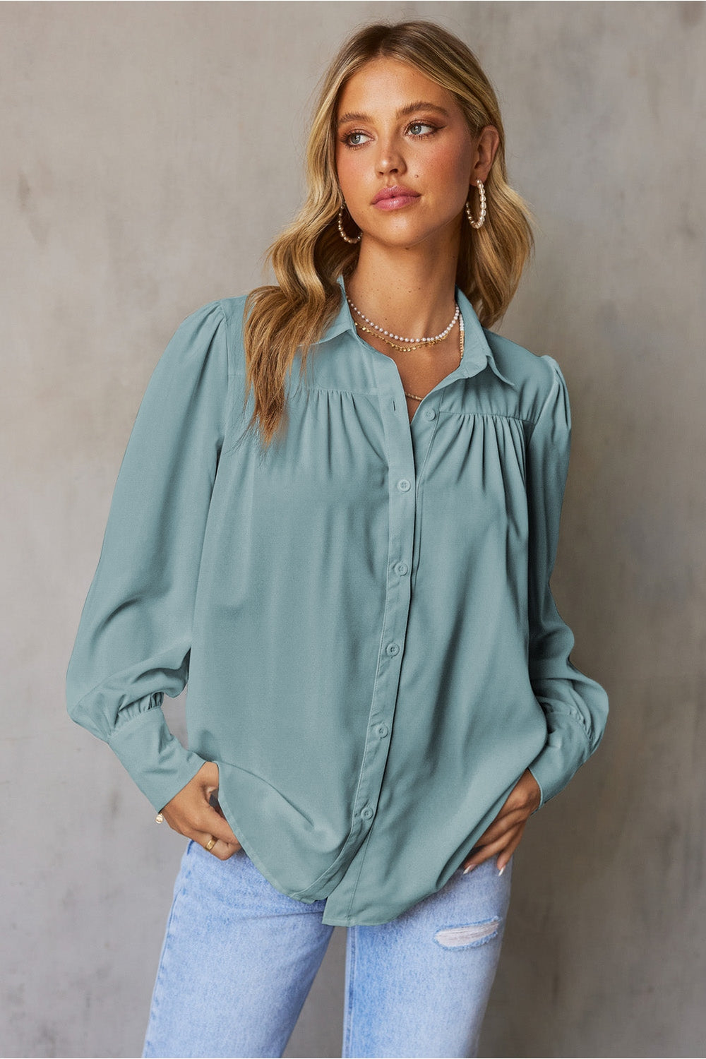 Gathered Detail Puff Sleeve Shirt - Shirts - FITGGINS