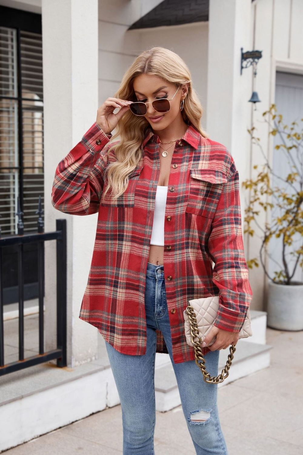 Mandy Plaid Button Up Long Sleeve Shirt Scarlet Fitggins