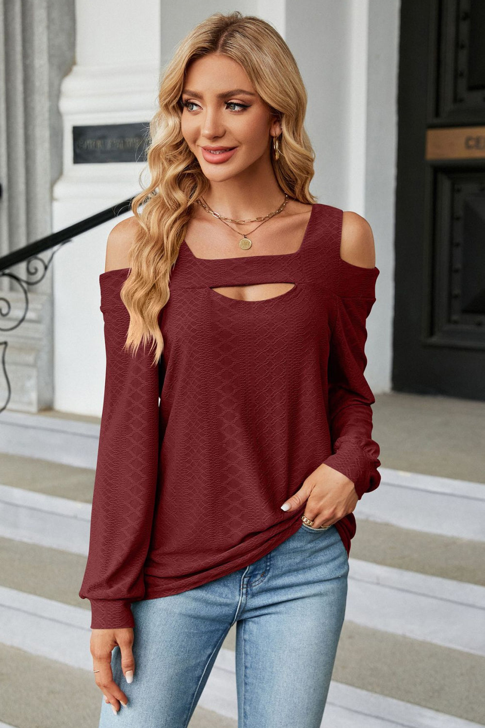 Cold Shoulder Square Neck Cutout Blouse Burgundy Fitggins