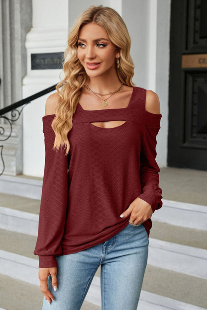 Cold Shoulder Square Neck Cutout Blouse Burgundy Fitggins