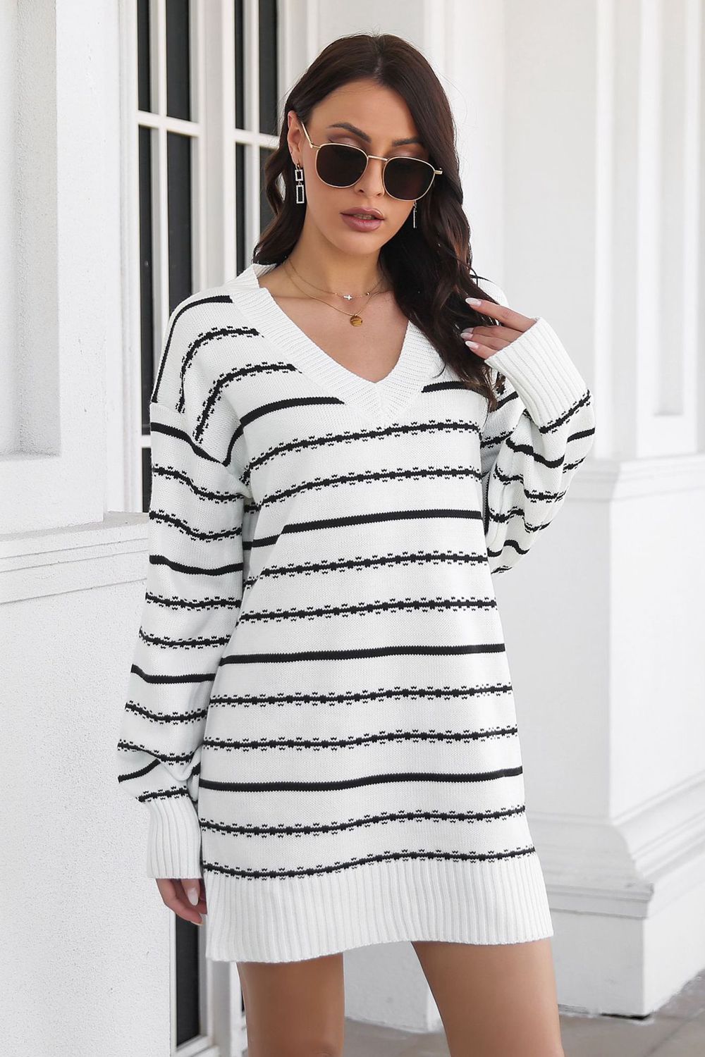 Striped V-Neck Sweater Dress - Sweater Dresses - FITGGINS