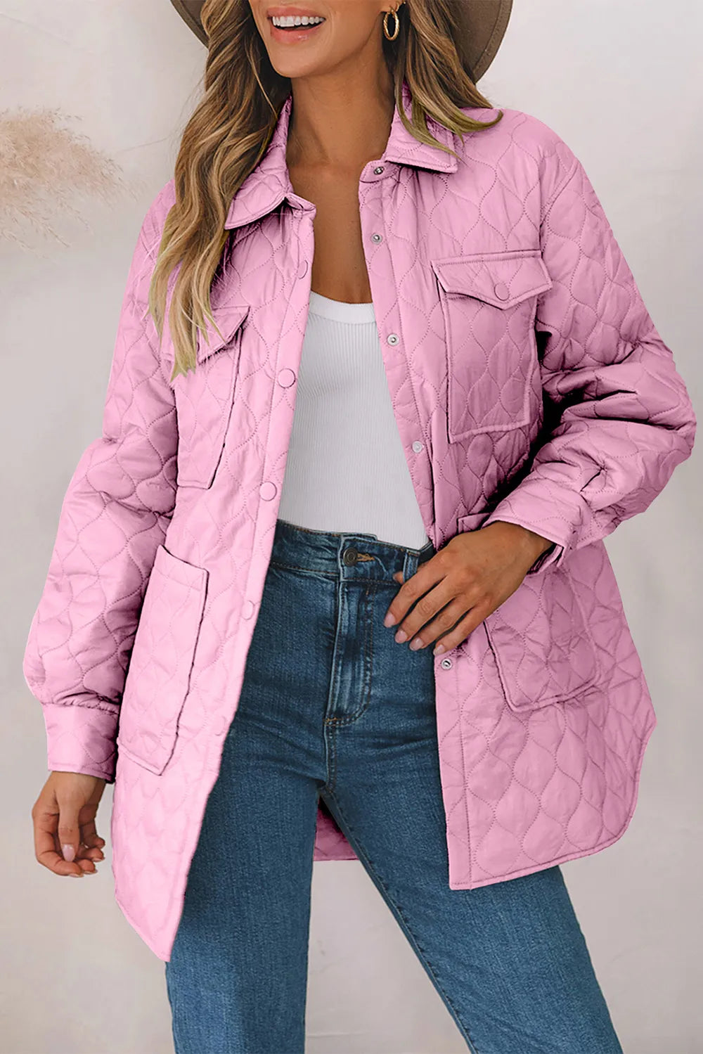 Snap Down Collared Winter Coat Pink Fitggins
