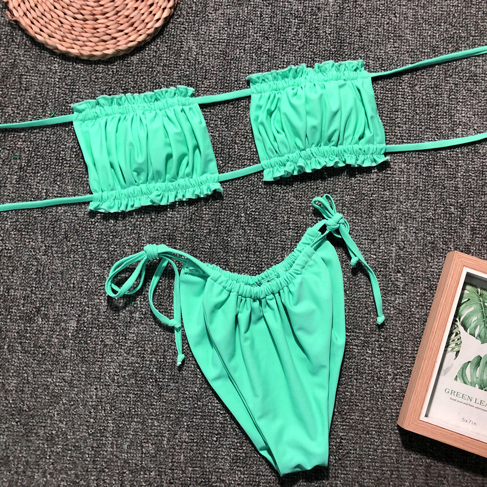 Frill Trim Ruched Bikini Set Neon Green Fitggins