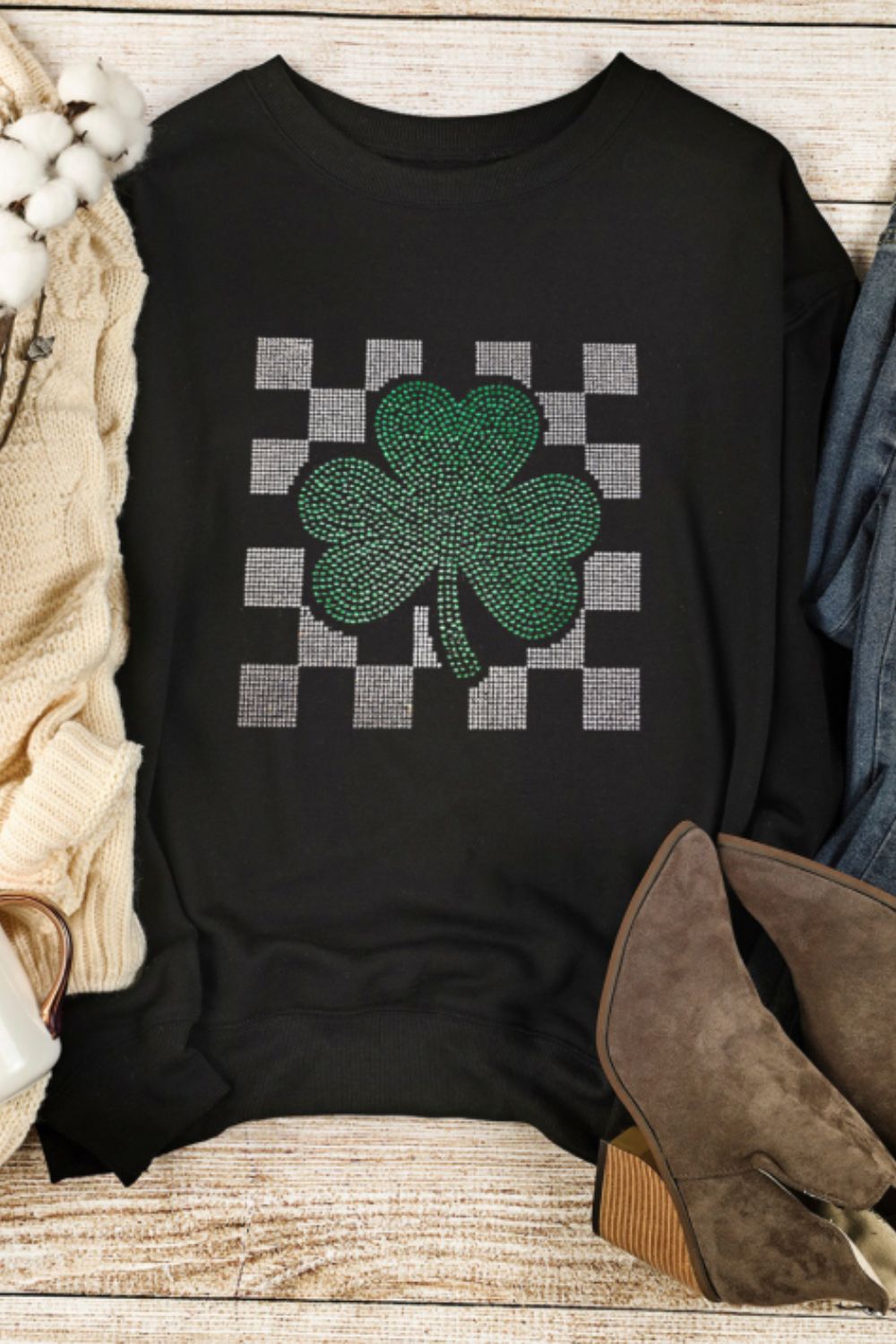 Rhinestone Checkered Lucky Clover Round Neck Sweatshirt - Sweatshirts & Hoodies - FITGGINS