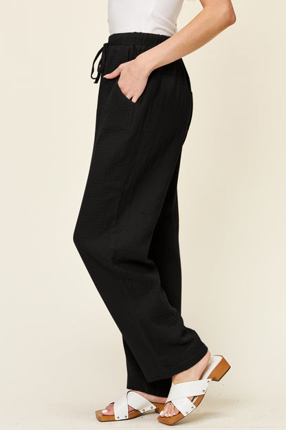 Double Take Full Size Texture Drawstring Straight Pants - Pants - FITGGINS