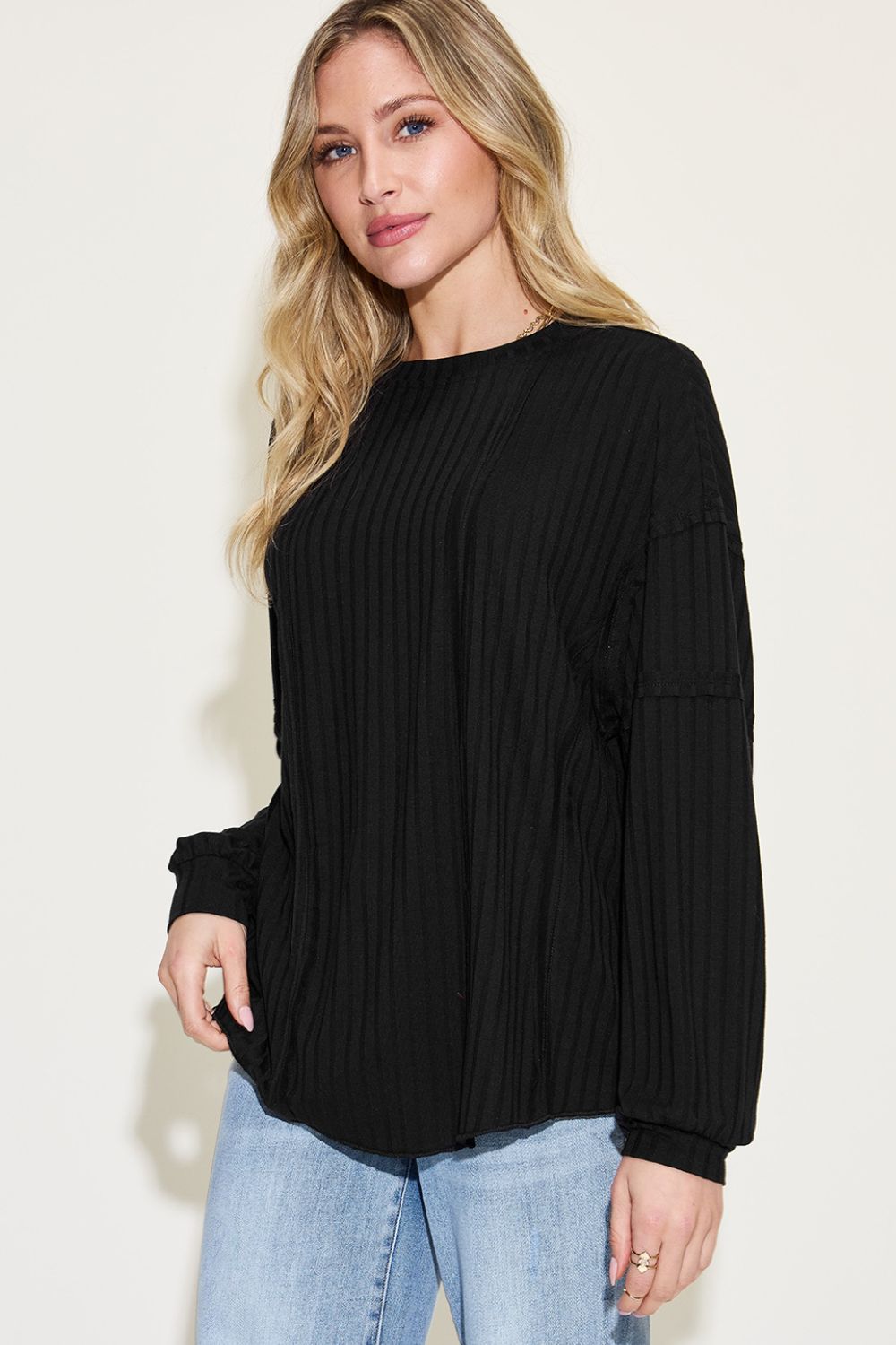 Basic Bae Full Size Ribbed Round Neck Long Sleeve T-Shirt - T-Shirts - FITGGINS