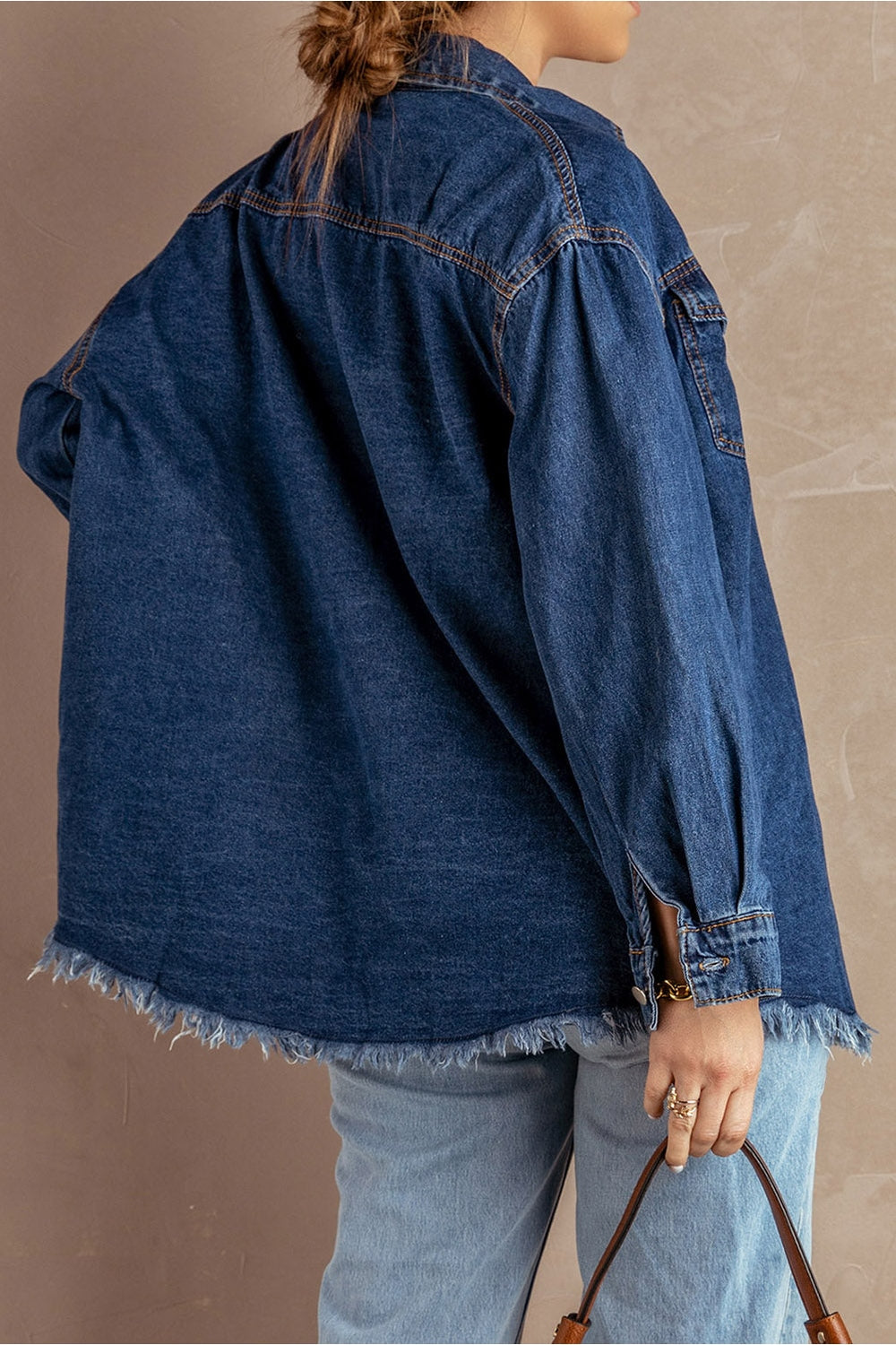 Button Up Pocketed Raw Hem Denim Jacket - Denim Jackets - FITGGINS