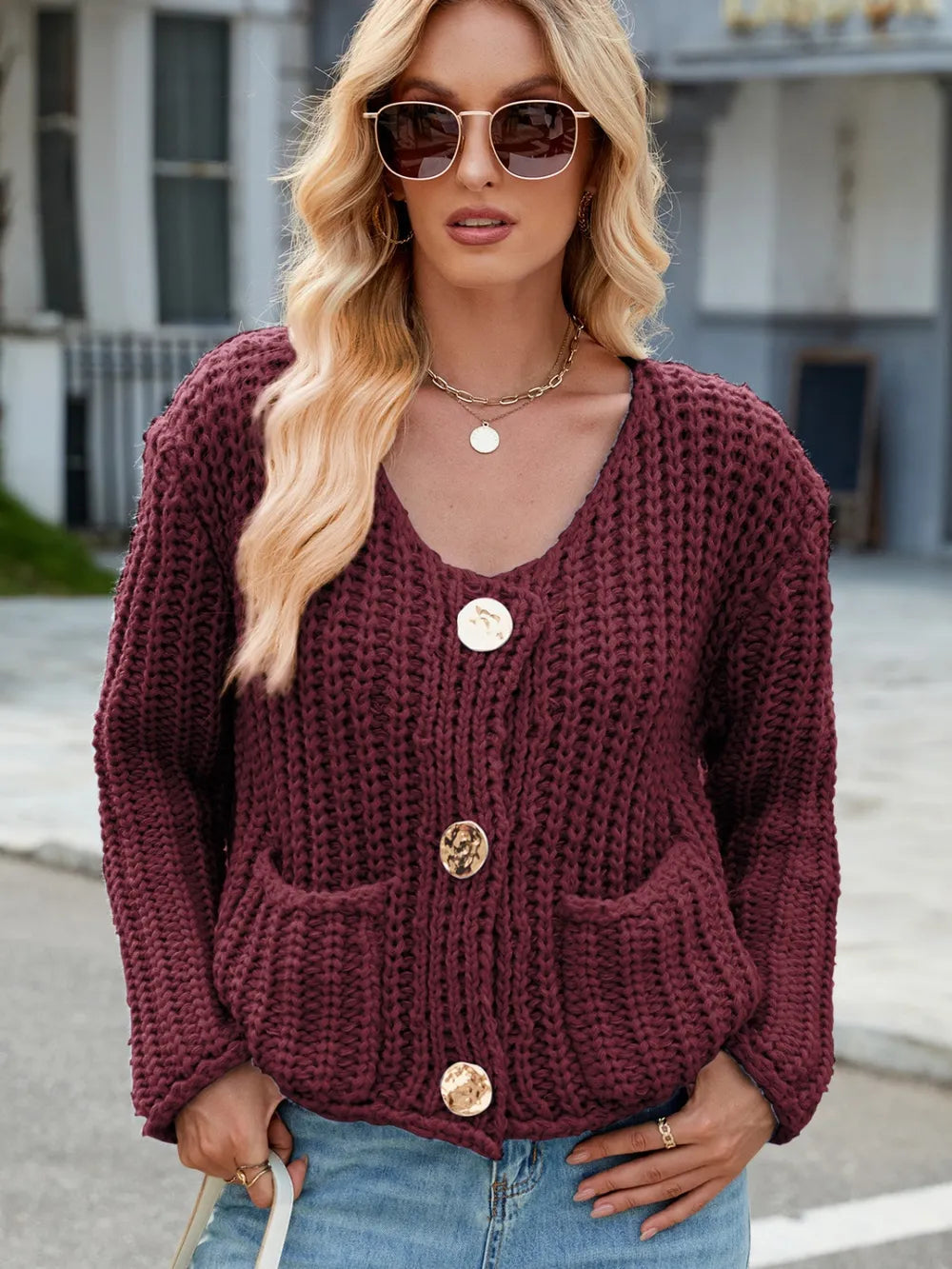 Round Neck Button Up Cardigan with Pockets Fitggins