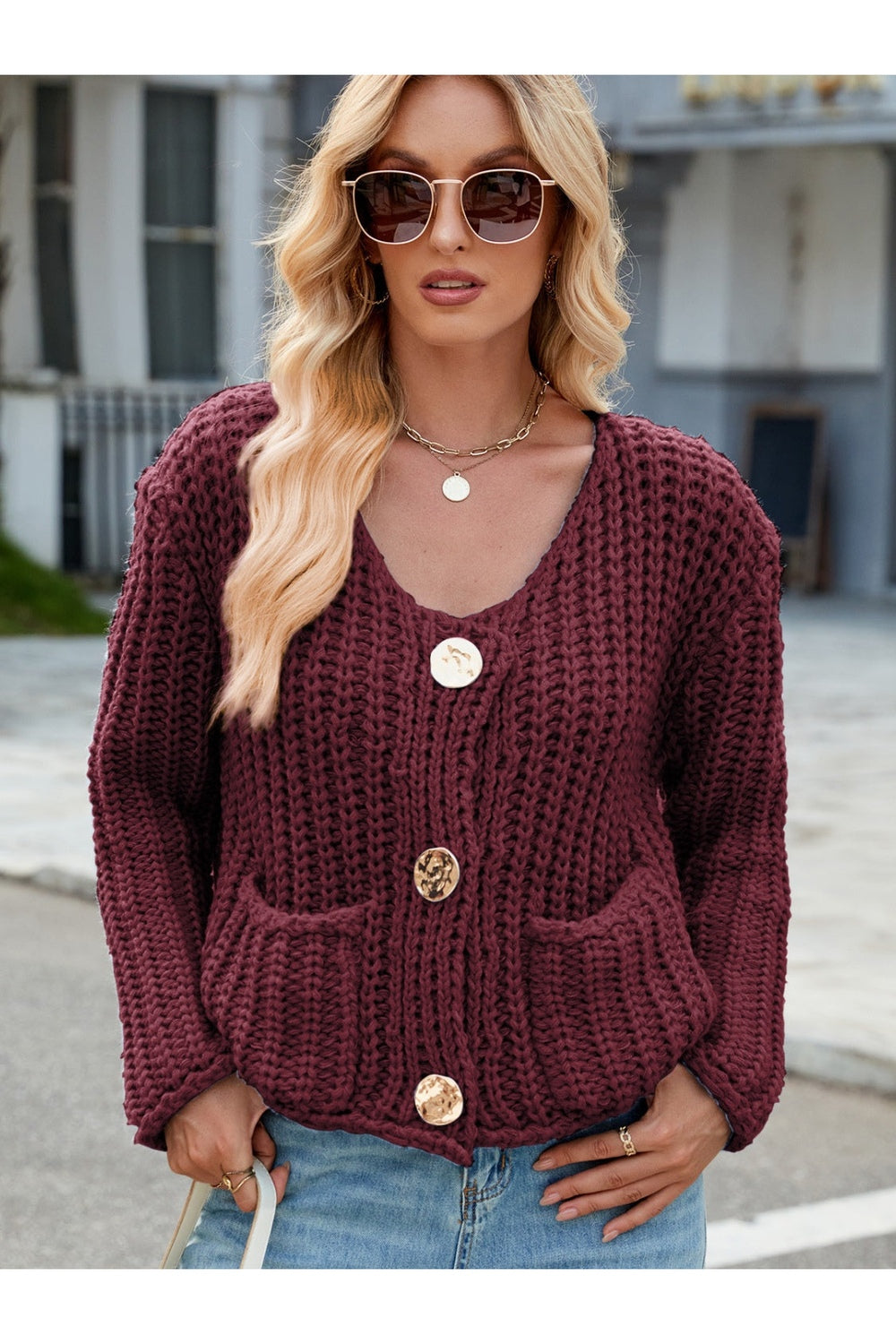 Round Neck Button Up Cardigan with Pockets - Cardigans - FITGGINS