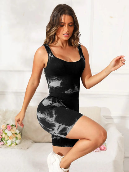 Tie-Dye Wide Strap Active Romper Black Fitggins