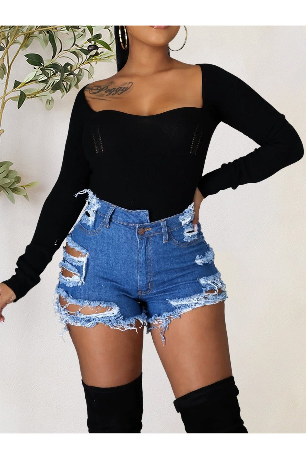 Distressed Raw Hem Denim Shorts with Pockets - Denim Shorts - FITGGINS