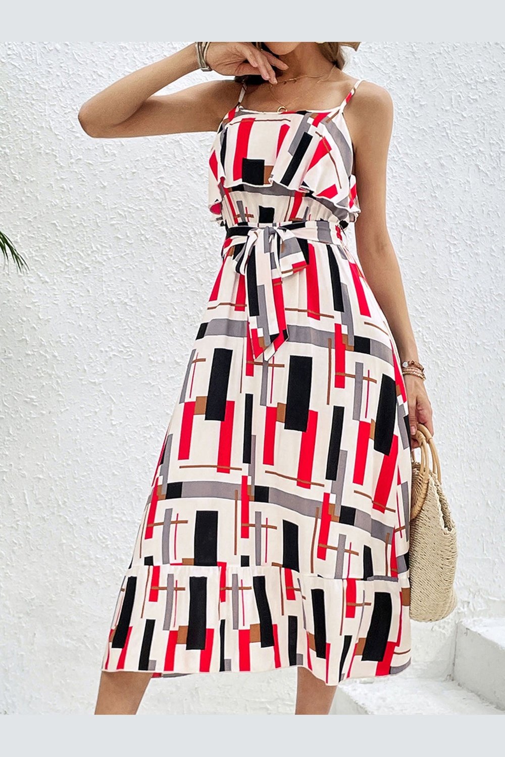 Ruffled Printed Tie Waist Midi Dress - Casual & Maxi Dresses - FITGGINS