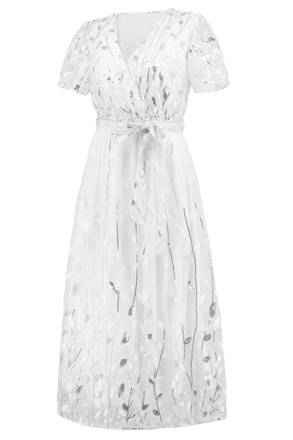 Sequin Leaf Embroidery Tie Front Short Sleeve Dress - Cocktail Dresses - FITGGINS