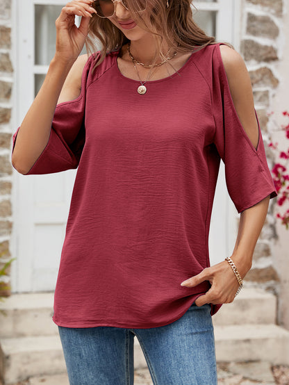 Textured Round Neck Split Sleeve Top Fitggins