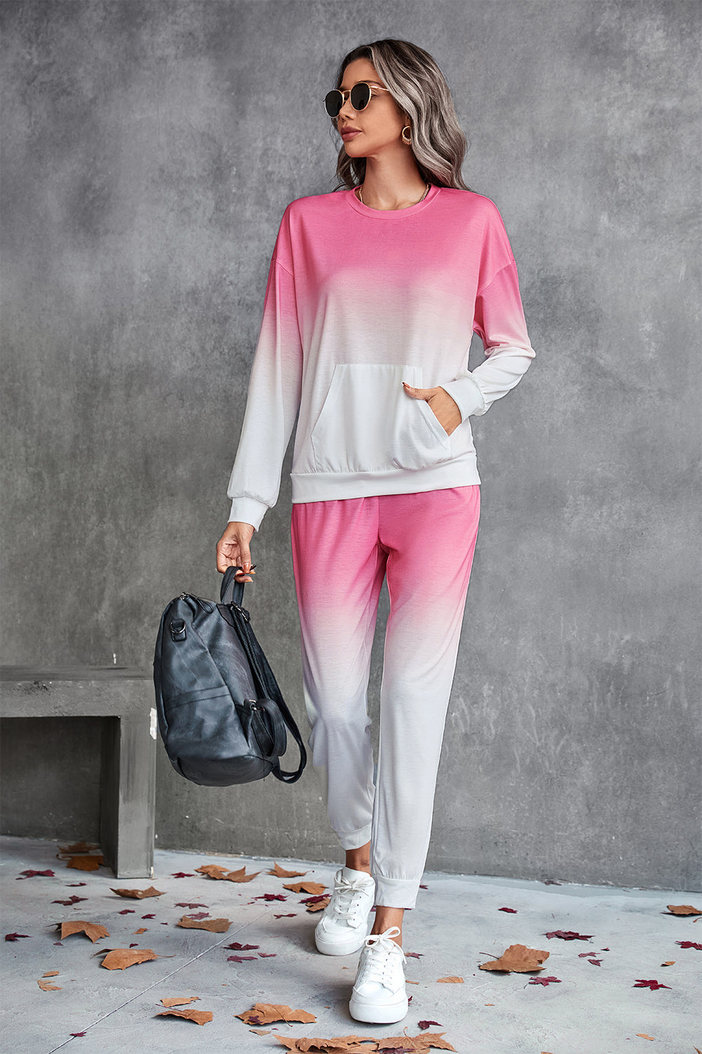 Gradient Round Neck Sweatshirt and Joggers Set - Active Set - FITGGINS