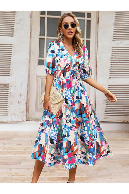 Ruched Printed Surplice Short Sleeve Dress - Casual & Maxi Dresses - FITGGINS