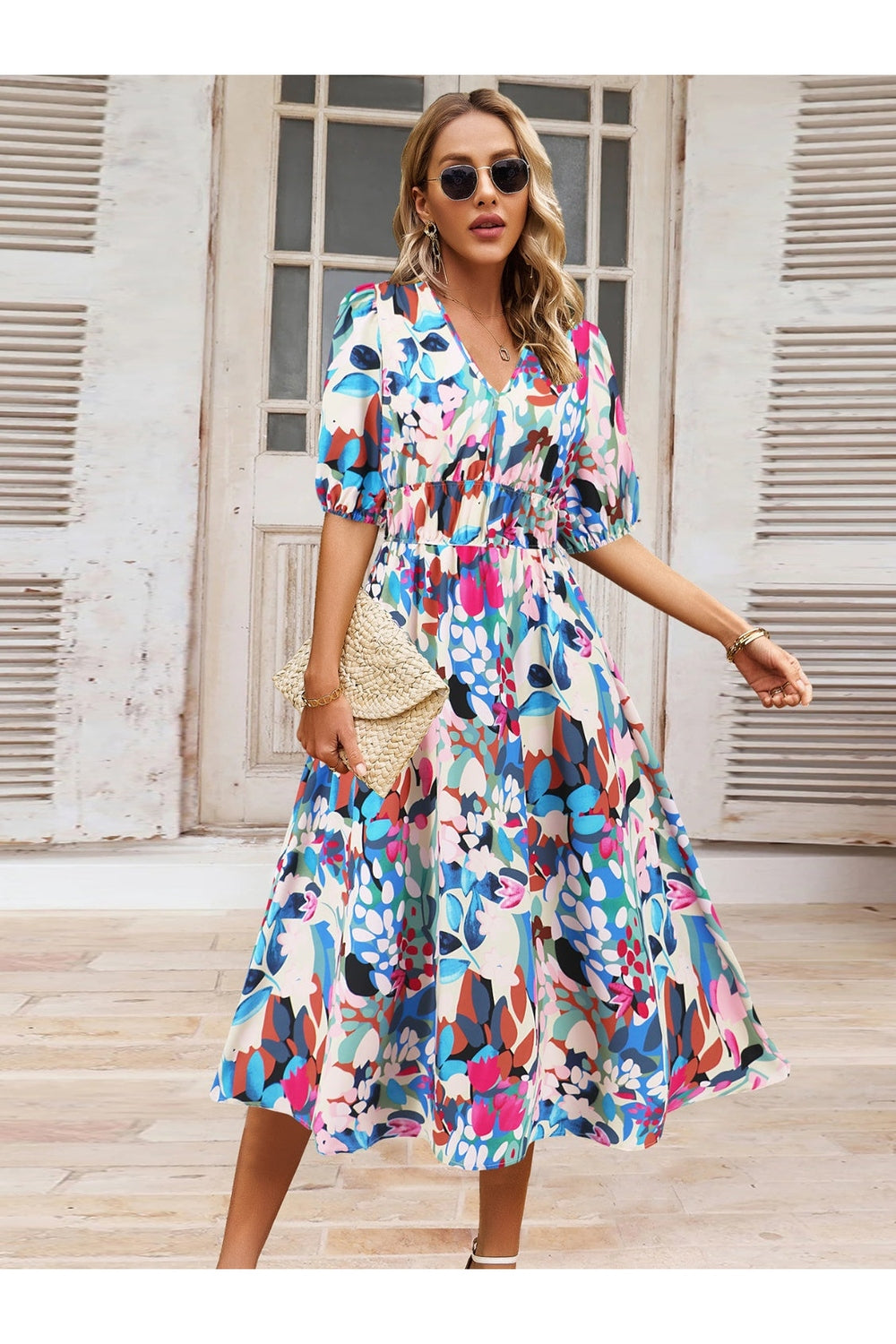 Ruched Printed Surplice Short Sleeve Dress - Casual & Maxi Dresses - FITGGINS