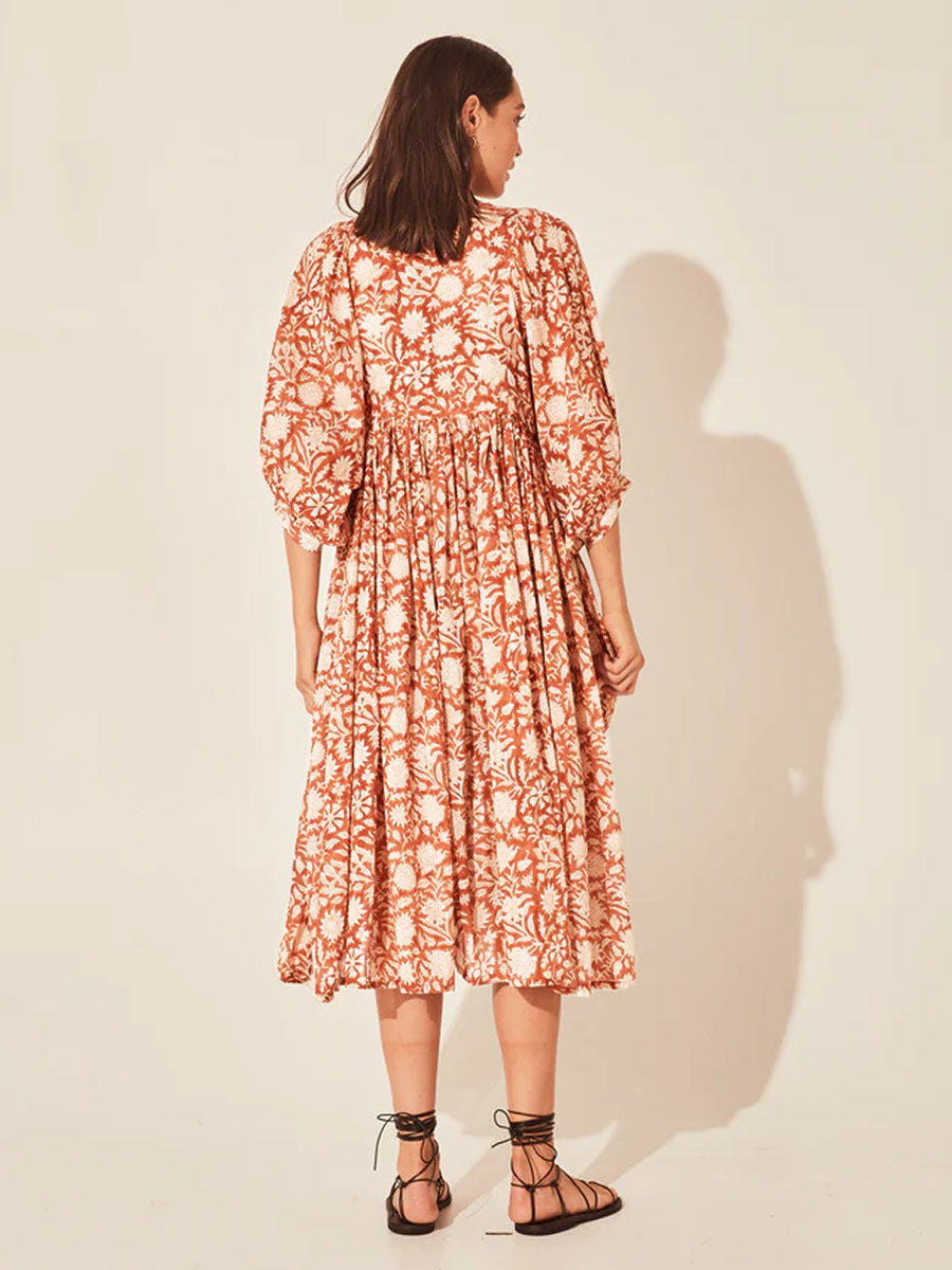 Floral Tie Neck Lantern Sleeve Dress Fitggins