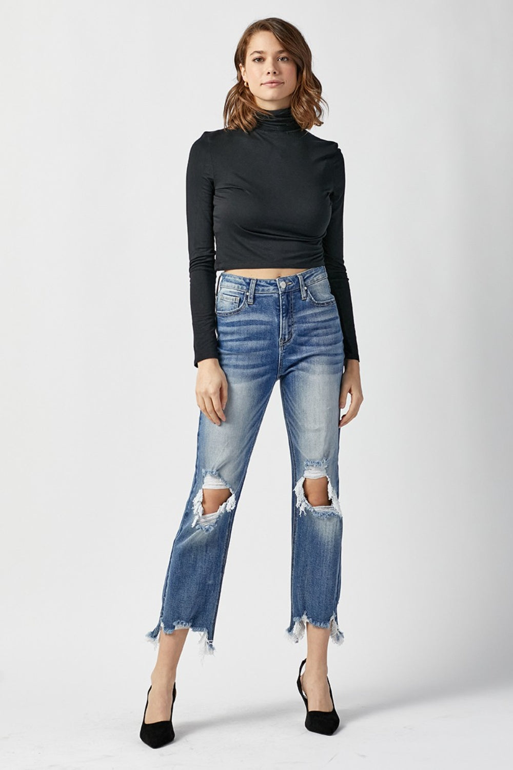 RISEN High Waist Distressed Frayed Hem Cropped Straight Jeans - Jeans - FITGGINS