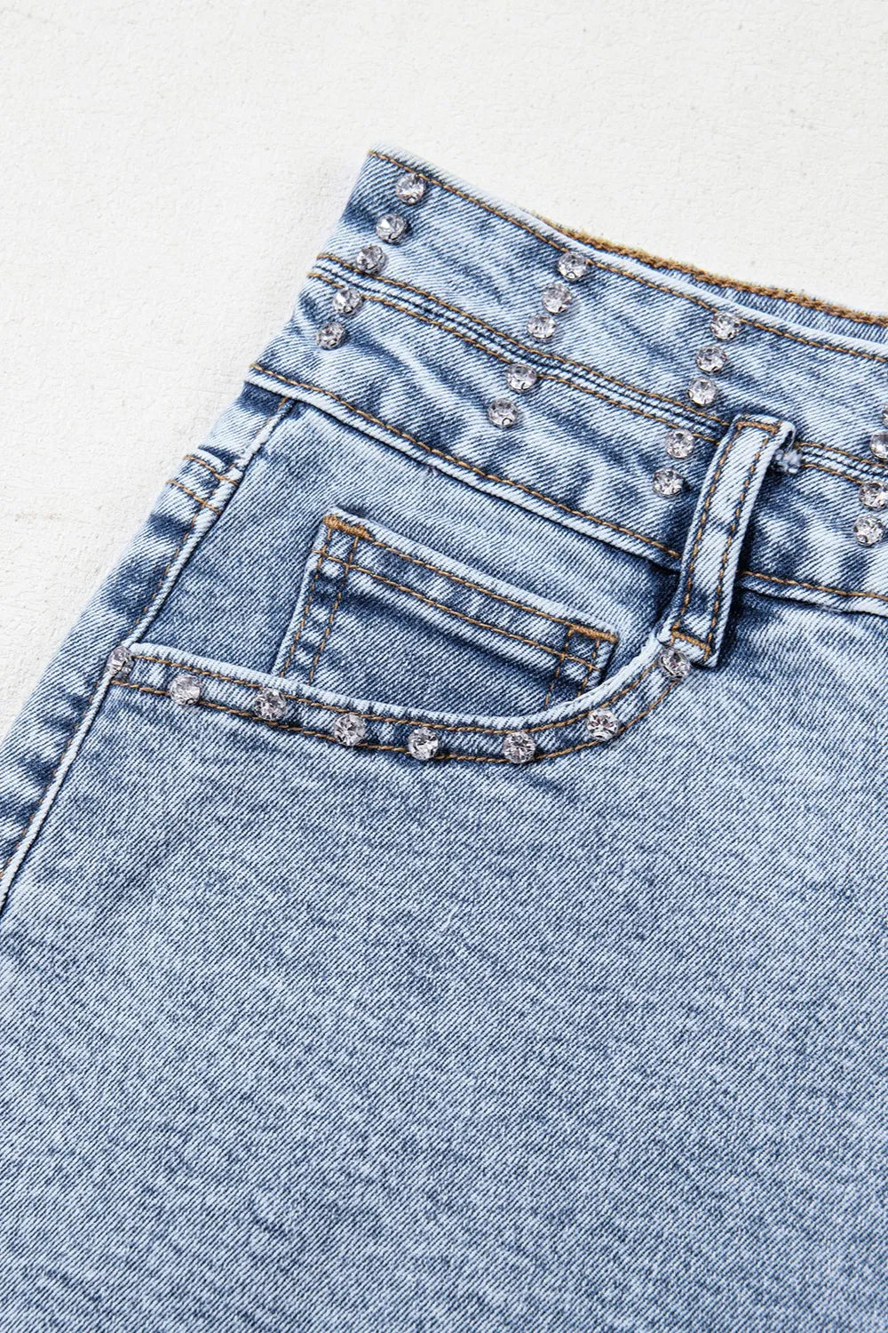 Rhinestone Light Wash Raw Hem High Waist Denim Shorts Fitggins