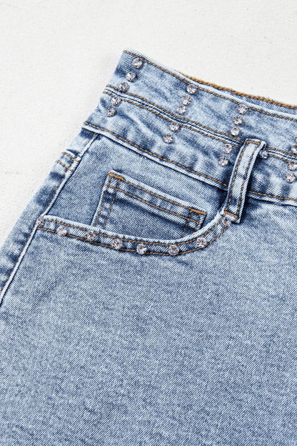 Rhinestone Light Wash Raw Hem High Waist Denim Shorts Fitggins